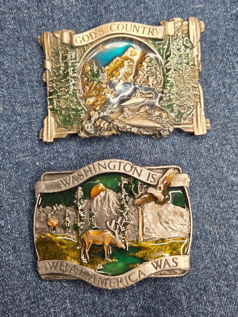 Lot of 2 - 1980s Bergamot Vintage God's Country & Washington Enamel Belt Buckles